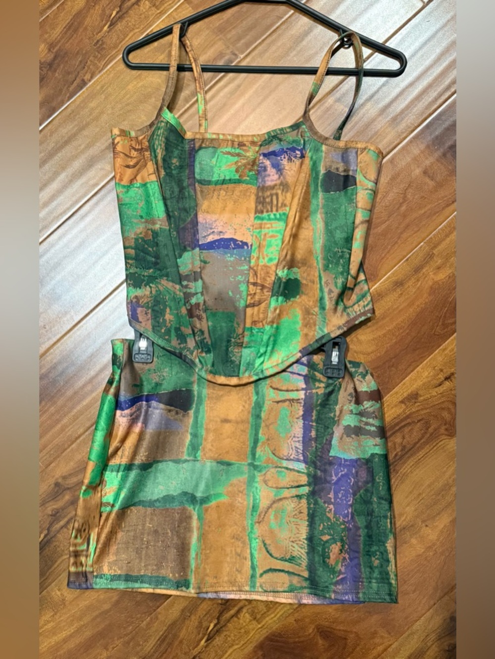 PrettyLittleThing Multi Color Corset Top and Skirt Set.